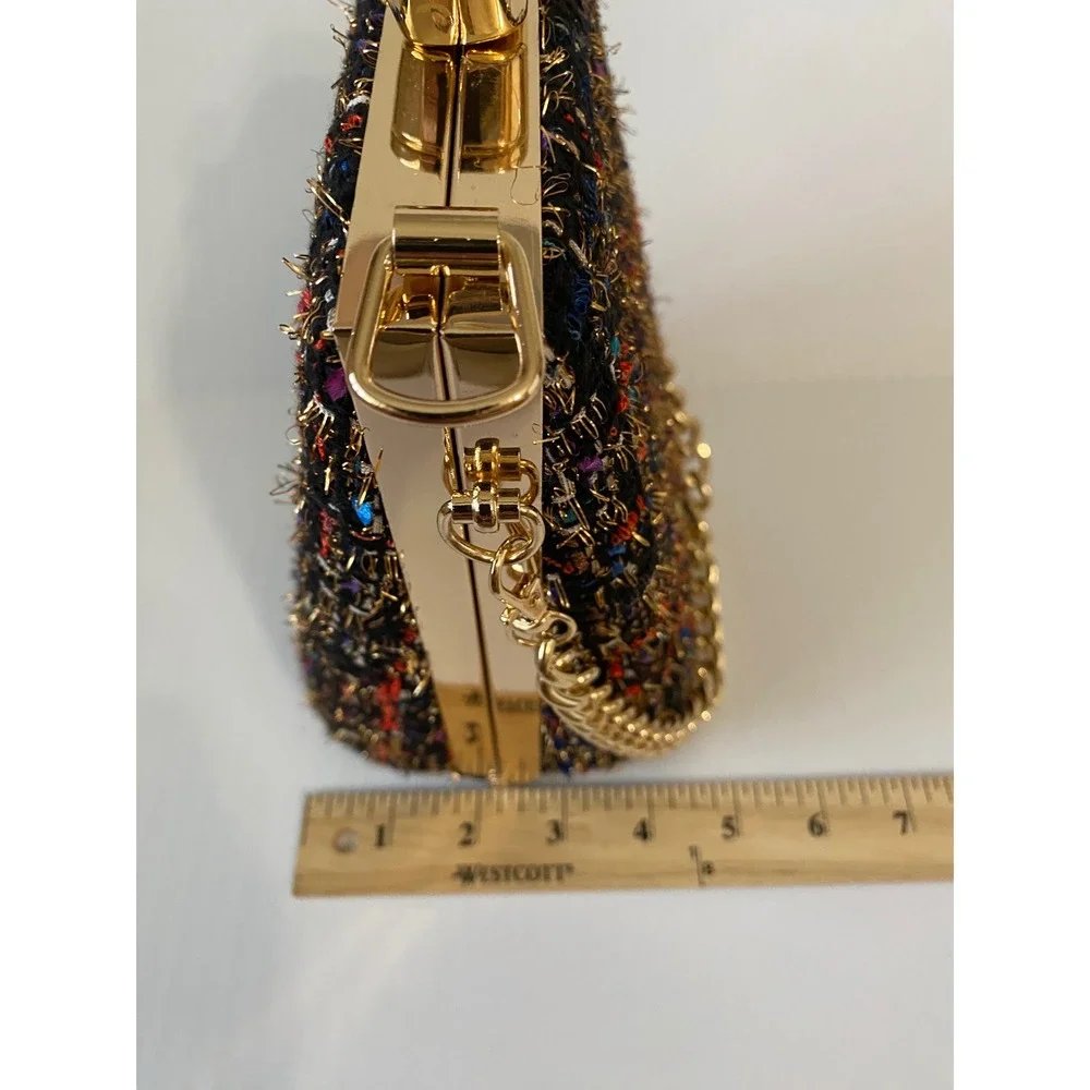 Multicolor Tweed Evening Clutch Bag Gold Chain Strap Crystal Clasp Structured